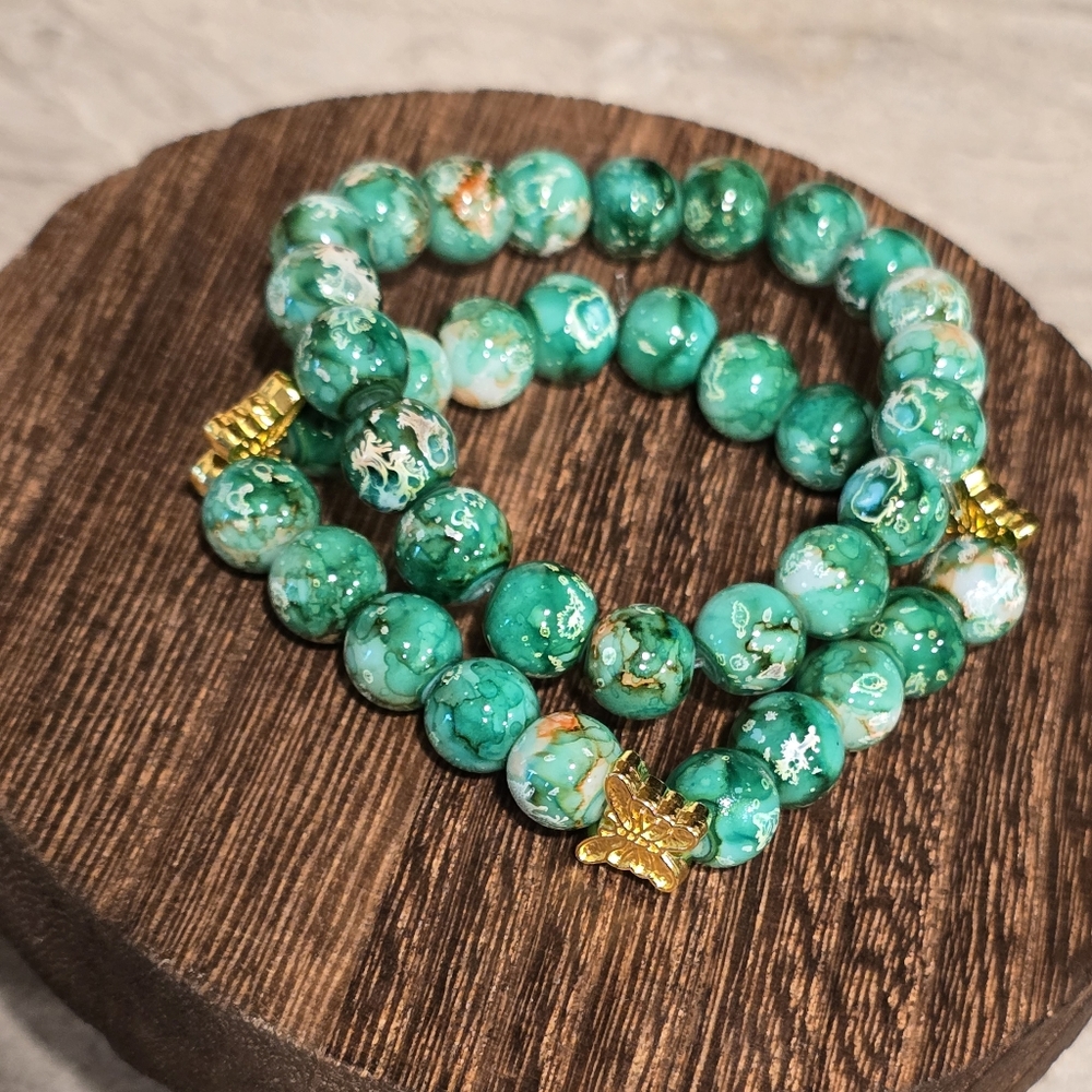 Two Stacks Butterfly Porcelain Stretch Bracelets With Gold Accents